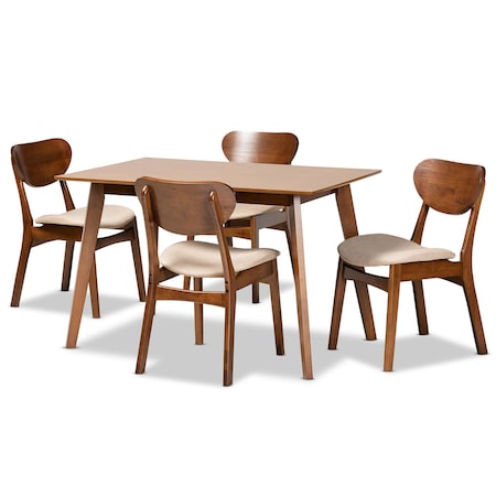 Baxton Studio Katya Mid-Century Modern Sand Fabric and Walnut Brown Finished Wood 5-Piece Dining Set 183-11636-11644-Zoro